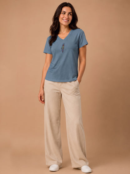 Palestine Heritage Women's Embroidered V-Neck Tee in Heather Slate - front lifestyle
