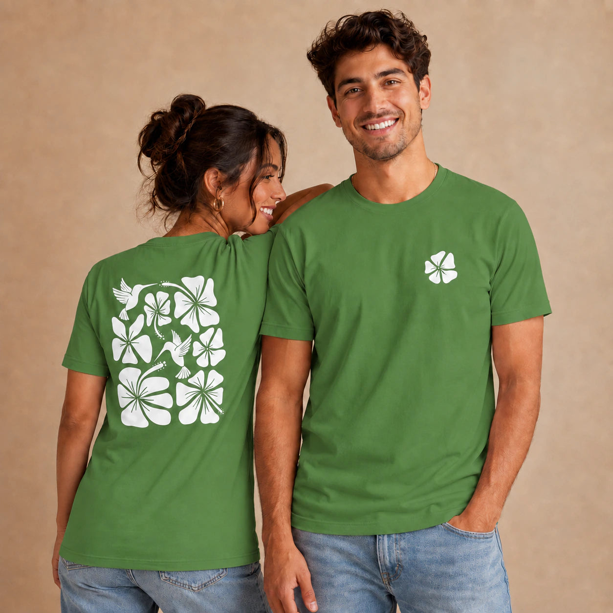 Hibiscus Flight Unisex Crew-Neck Tee in Leaf - unisex front and back lifestyle