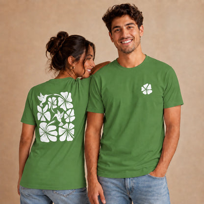 Hibiscus Flight Unisex Crew-Neck Tee in Leaf - unisex front and back lifestyle