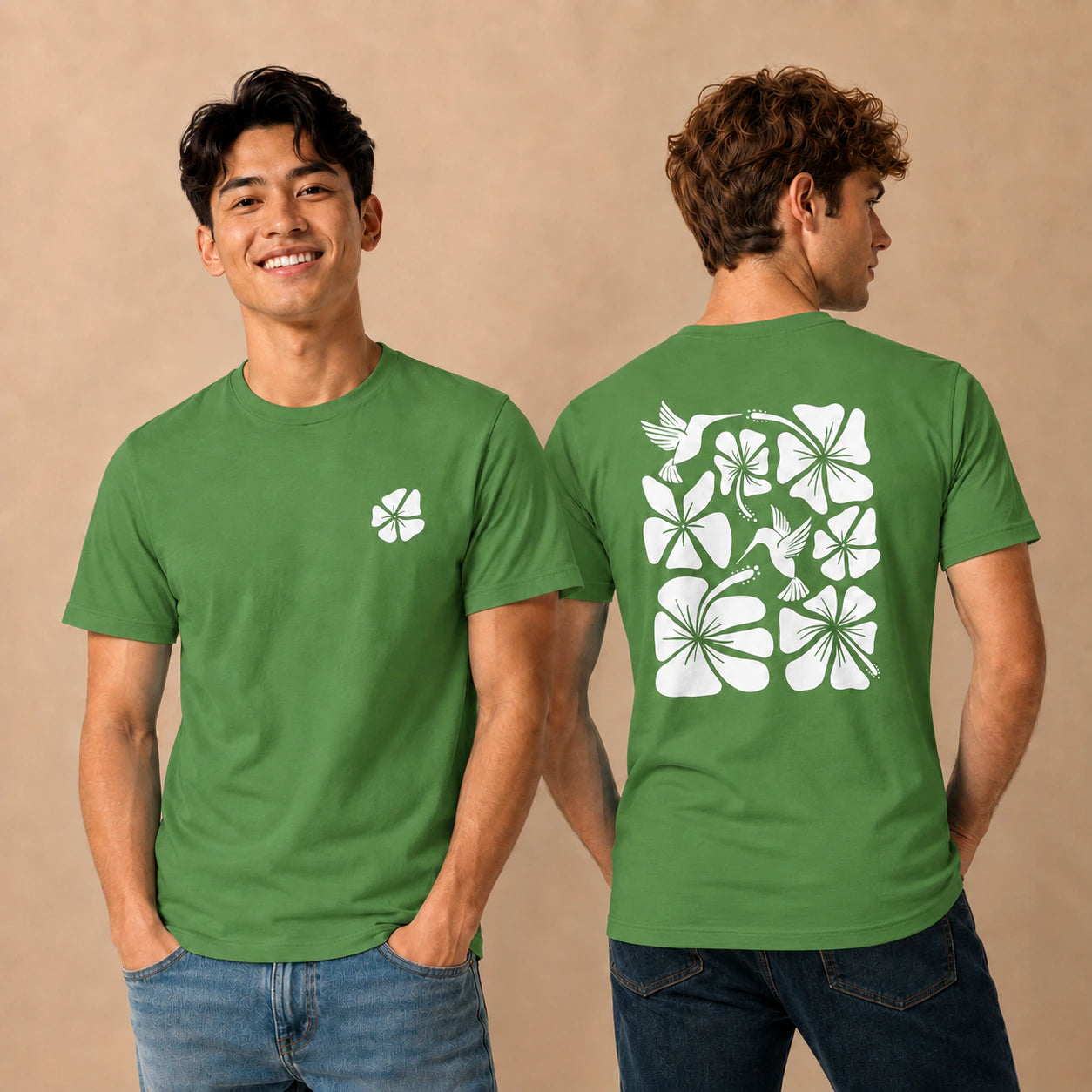 Hibiscus Flight Unisex Crew-Neck Tee in Leaf - mens front and back lifestyle