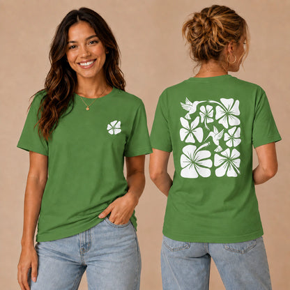 Hibiscus Flight Unisex Crew-Neck Tee in Leaf - womens front and back lifestyle