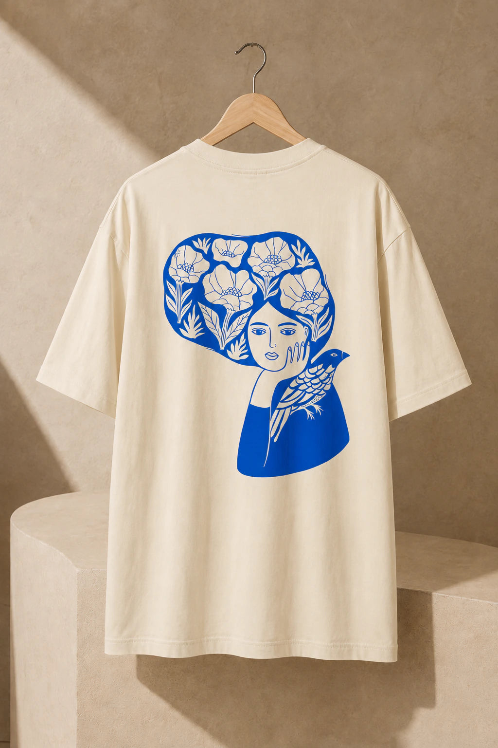 Blue Bird Reverie Oversized Unisex Tee in Mild Apricot - back artwork detail