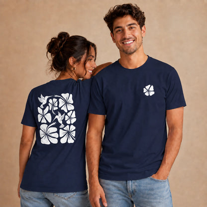 Hibiscus Flight Unisex Crew-Neck Tee in Navy - unisex front and back lifestyle