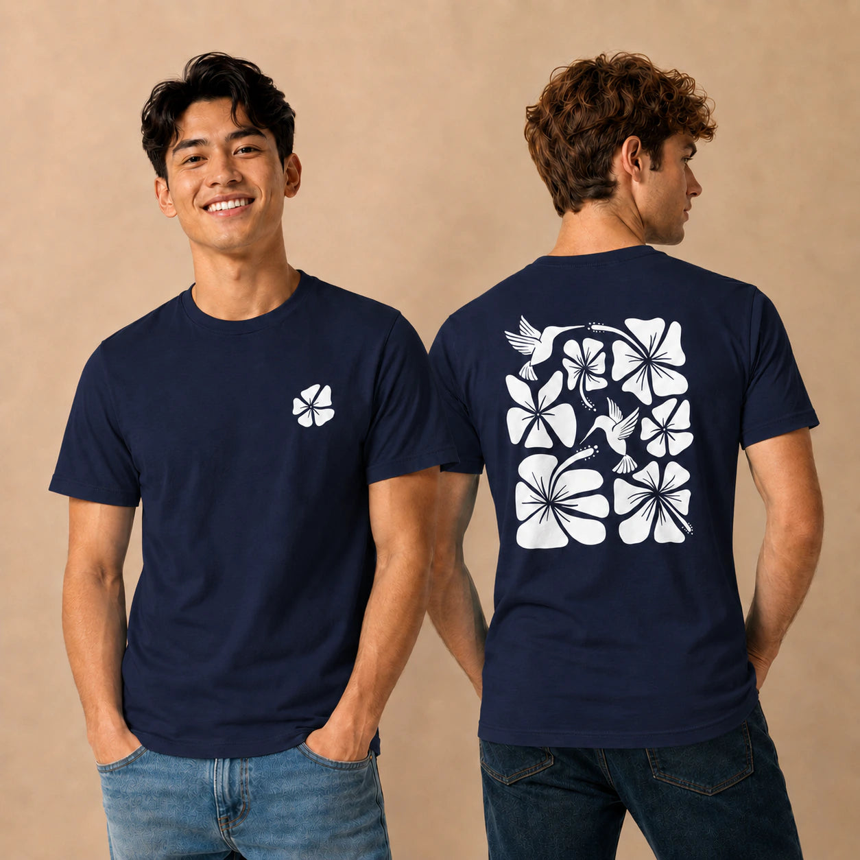 Hibiscus Flight Unisex Crew-Neck Tee in Navy - mens front and back lifestyle