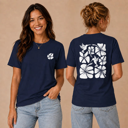 Hibiscus Flight Unisex Crew-Neck Tee in Navy - womens front and back lifestyle