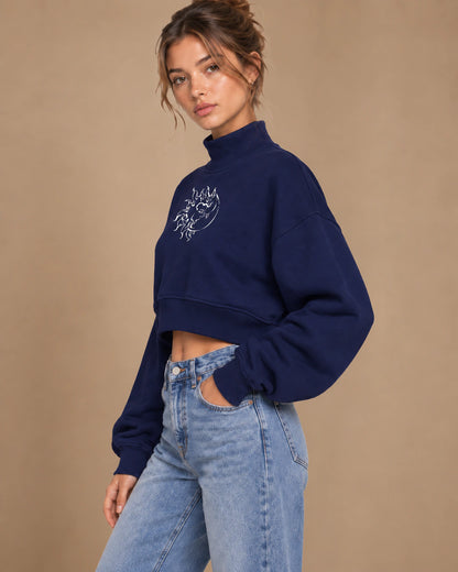 Eclipse Muse Women's Cropped Mock-Neck Sweatshirt in Navy Blue - three-quarter lifestyle view