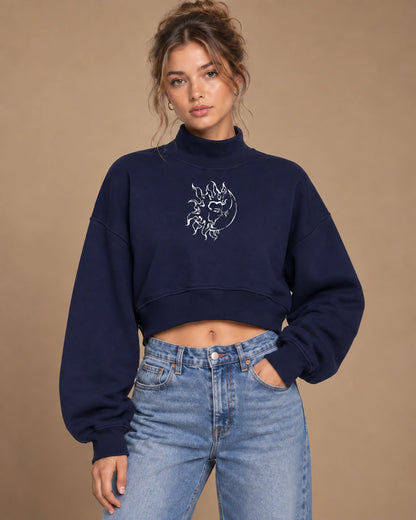 Eclipse Muse Women's Cropped Mock-Neck Sweatshirt in Navy Blue - front lifestyle view