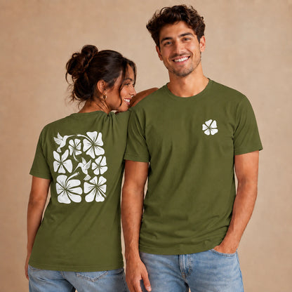 Hibiscus Flight Unisex Crew-Neck Tee in Olive - unisex front and back lifestyle