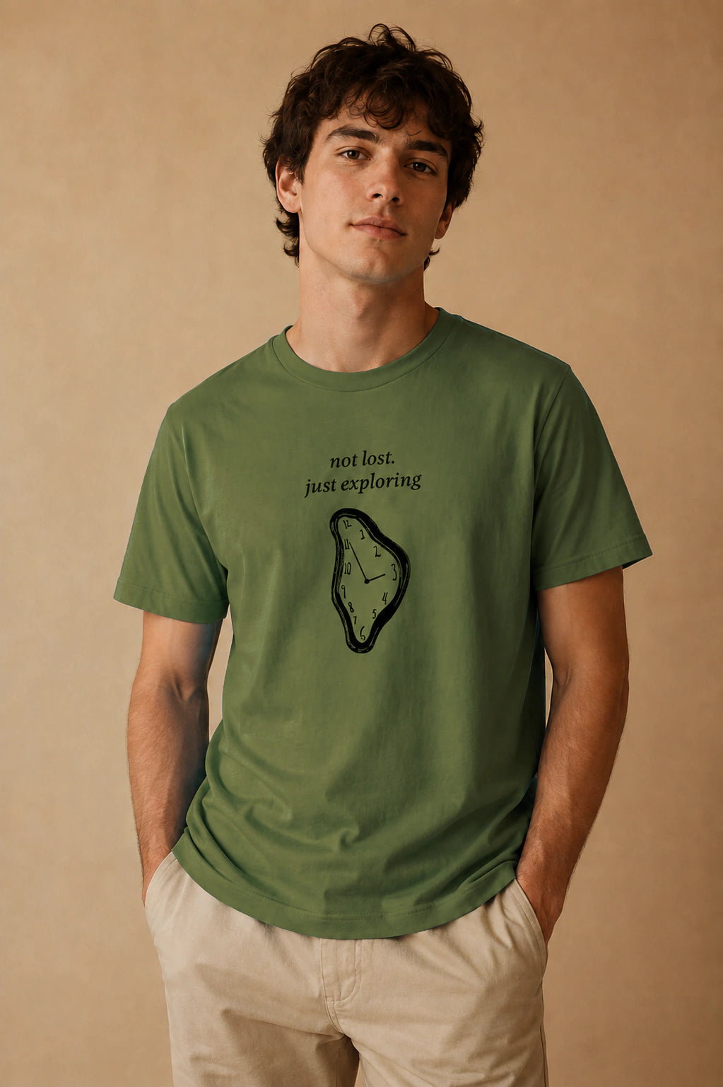 Not Lost, Just Exploring Unisex Crew-Neck Tee in Olive - editorial model view