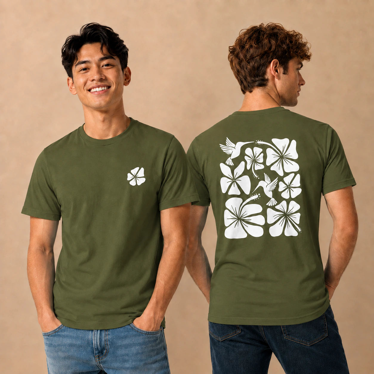 Hibiscus Flight Unisex Crew-Neck Tee in Olive - mens front and back lifestyle