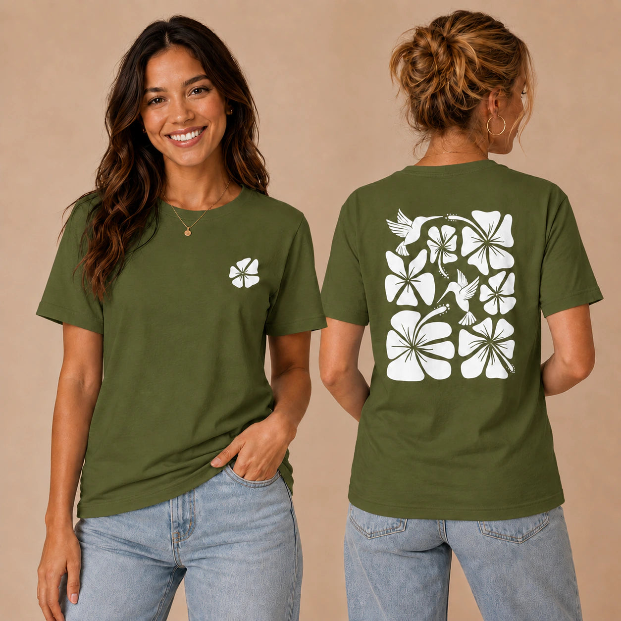 Hibiscus Flight Unisex Crew-Neck Tee in Olive - womens front and back lifestyle