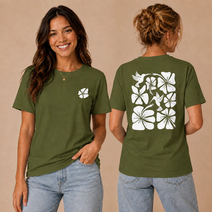 Hibiscus Flight Unisex Crew-Neck Tee in Olive - womens front and back lifestyle