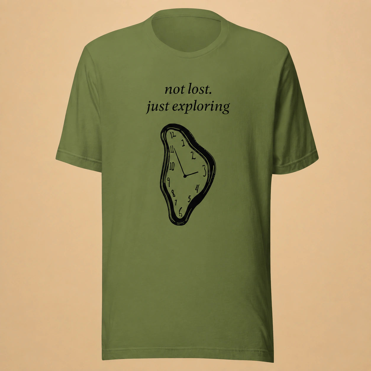 Not Lost, Just Exploring Unisex Crew-Neck Tee in Olive - flat front product view