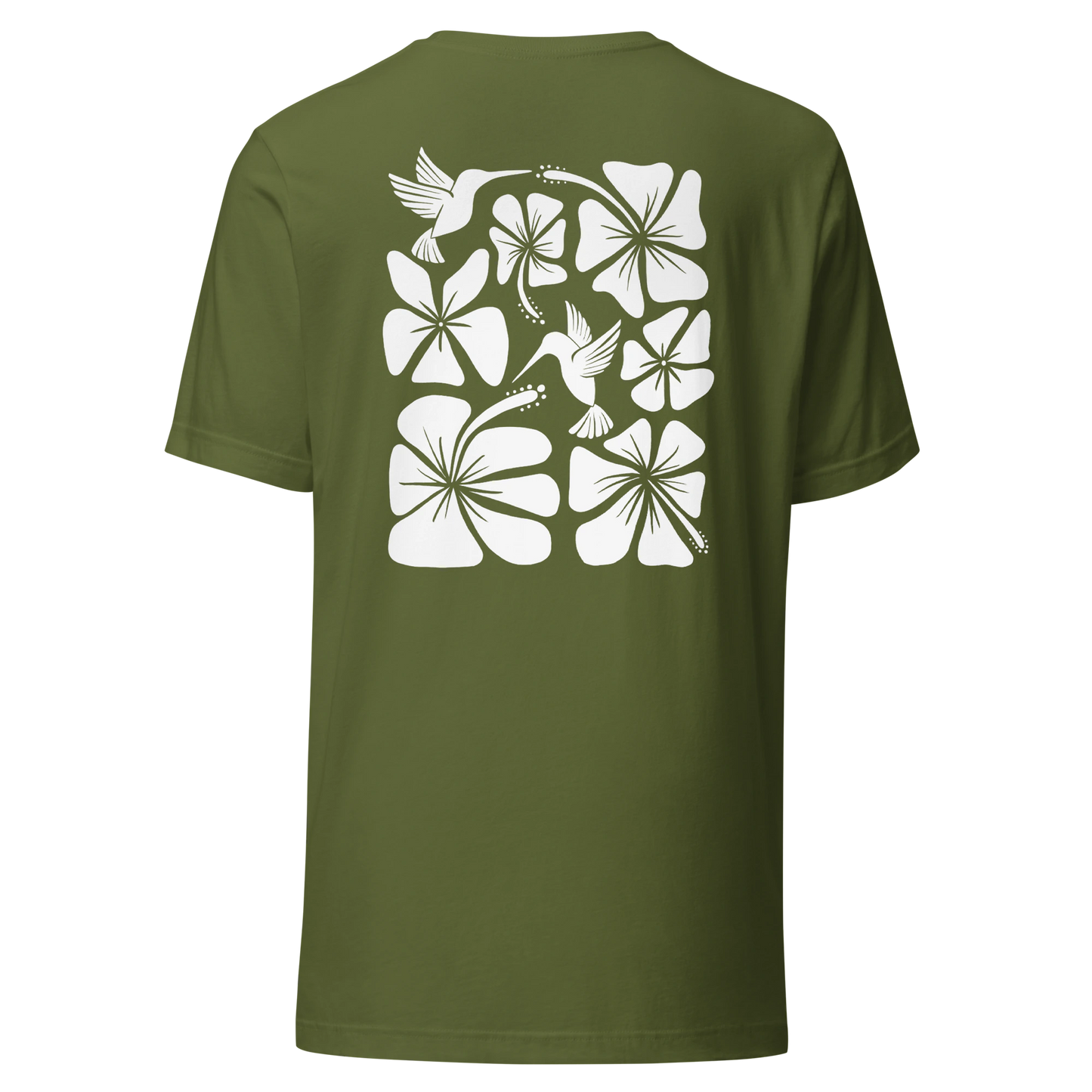 Hibiscus Flight Unisex Crew-Neck Tee in Olive - back product view