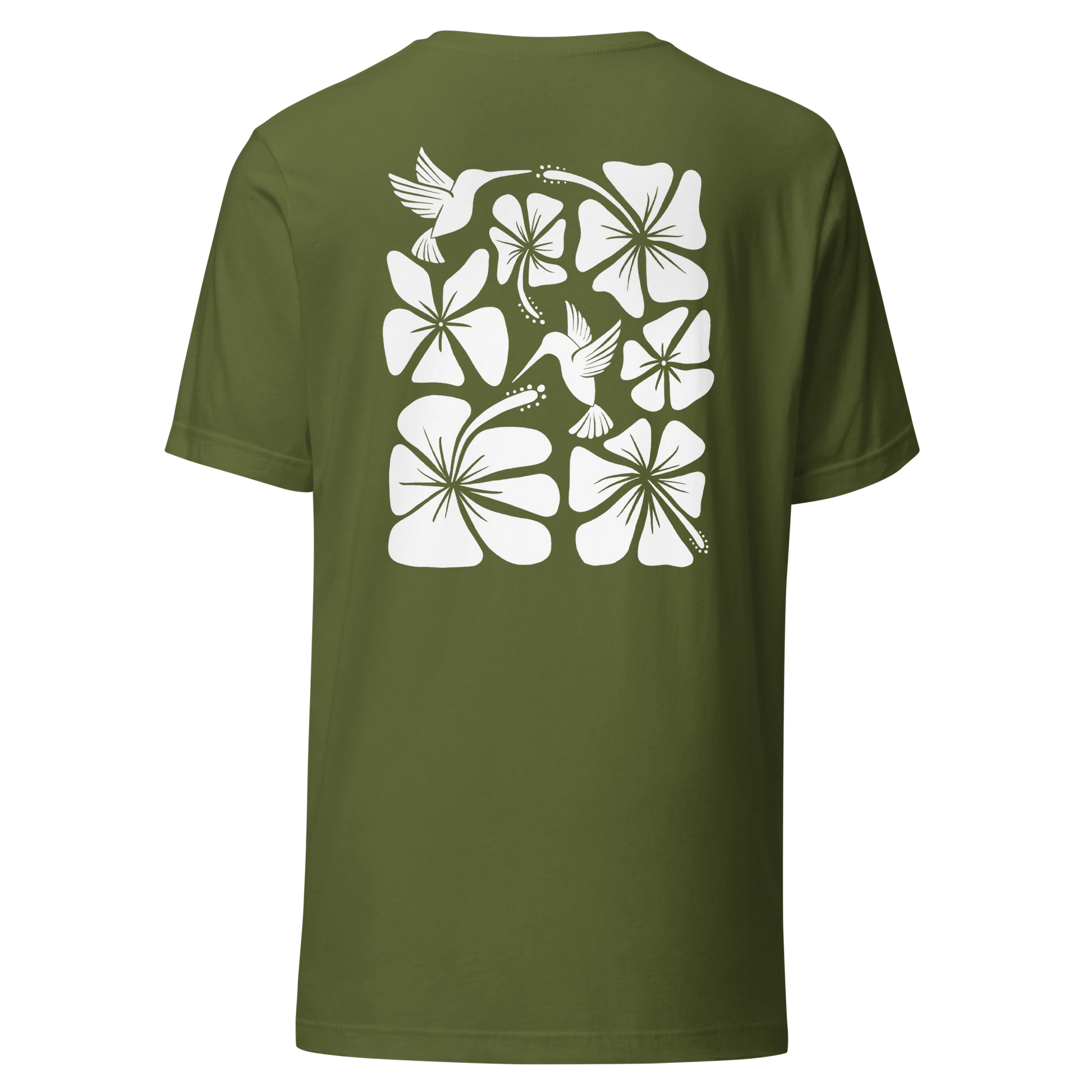 Hibiscus Flight Unisex Crew-Neck Tee in Olive - back product view