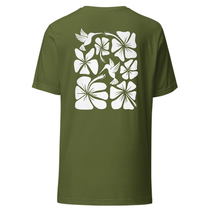 Hibiscus Flight Unisex Crew-Neck Tee in Olive - back product view
