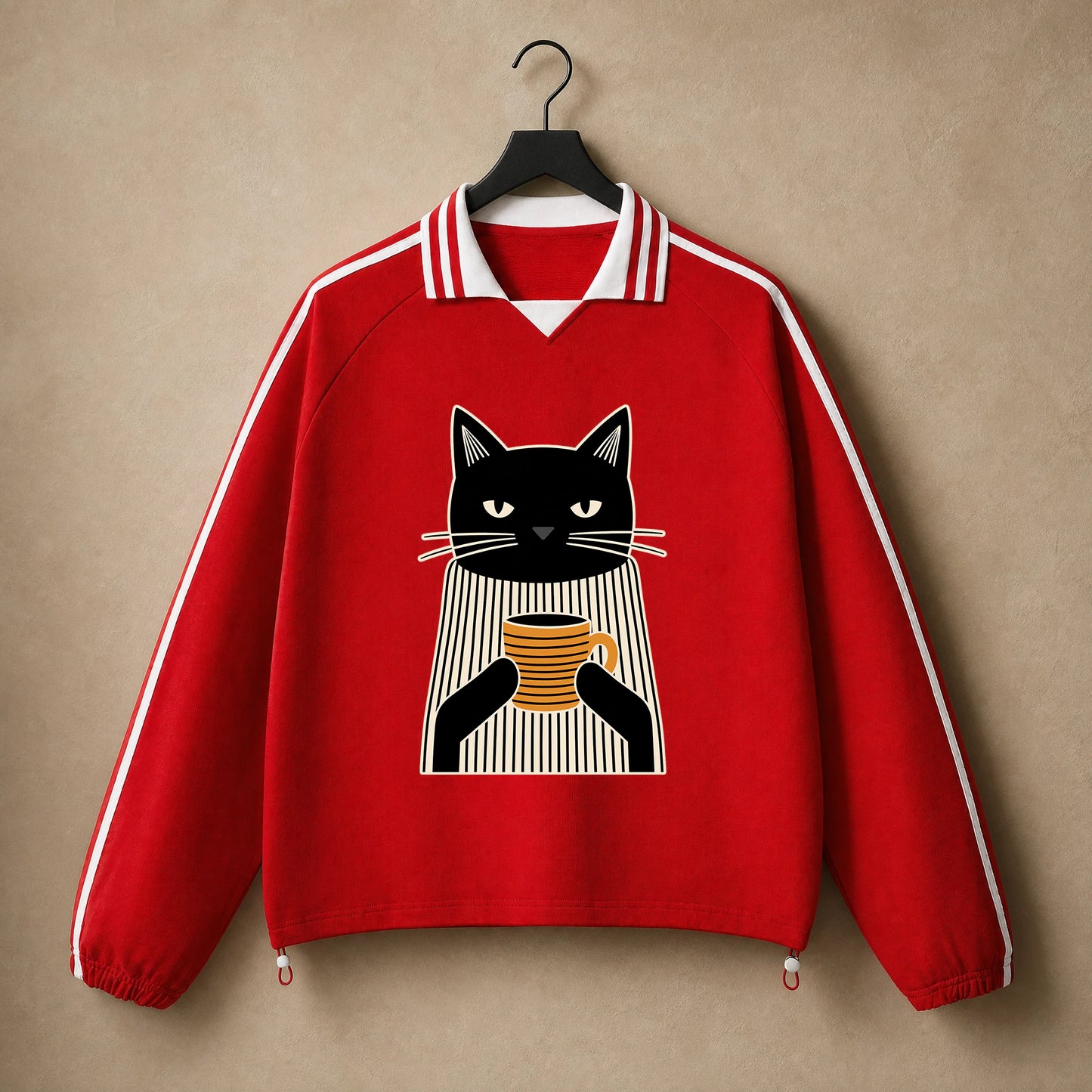 Unisex Coffee Break Cat Striped-Collar Sweatshirt in Red - hanger front view