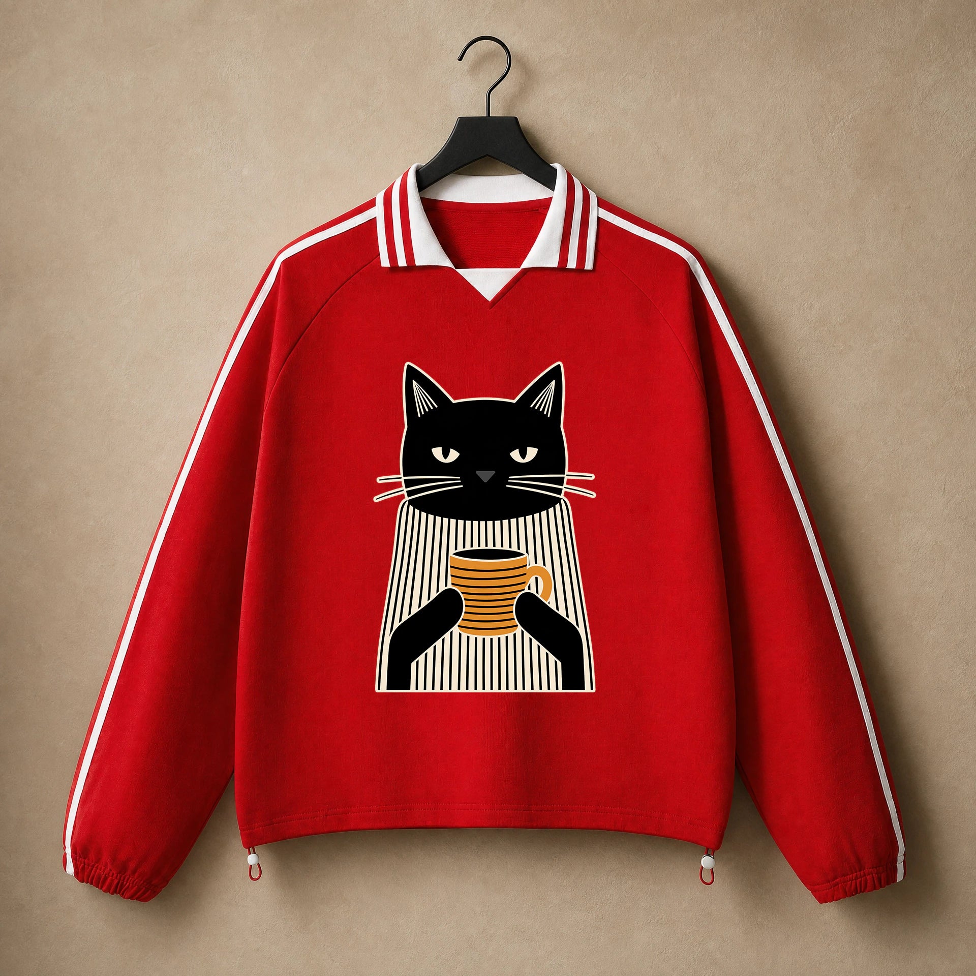 Unisex Coffee Break Cat Striped-Collar Sweatshirt in Red - hanger front view