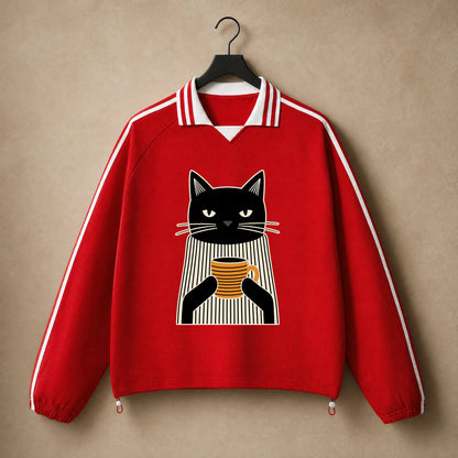 Unisex Coffee Break Cat Striped-Collar Sweatshirt in Red - hanger front view