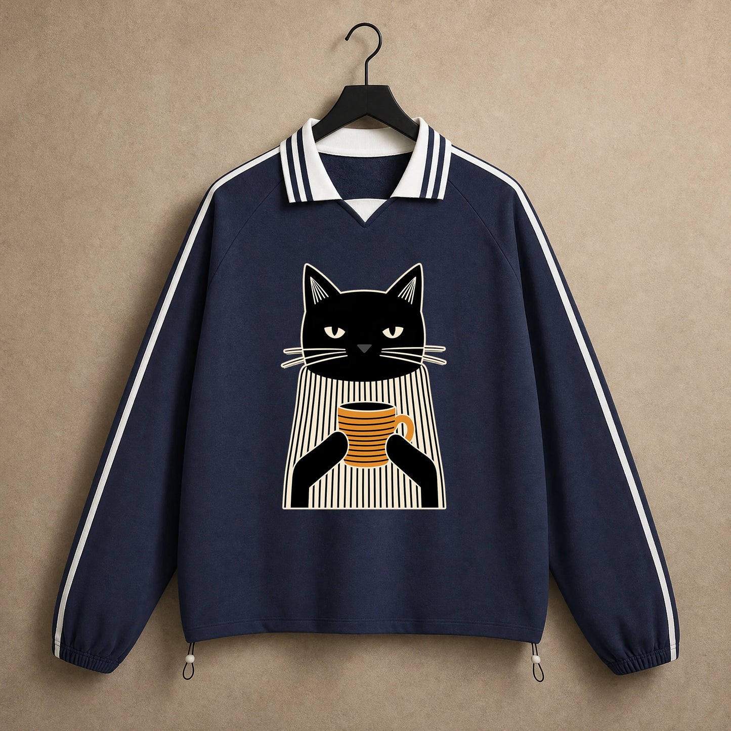 Unisex Coffee Break Cat Striped-Collar Sweatshirt in Royal Blue - hanger front view