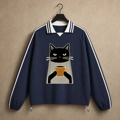 Unisex Coffee Break Cat Striped-Collar Sweatshirt in Royal Blue - hanger front view