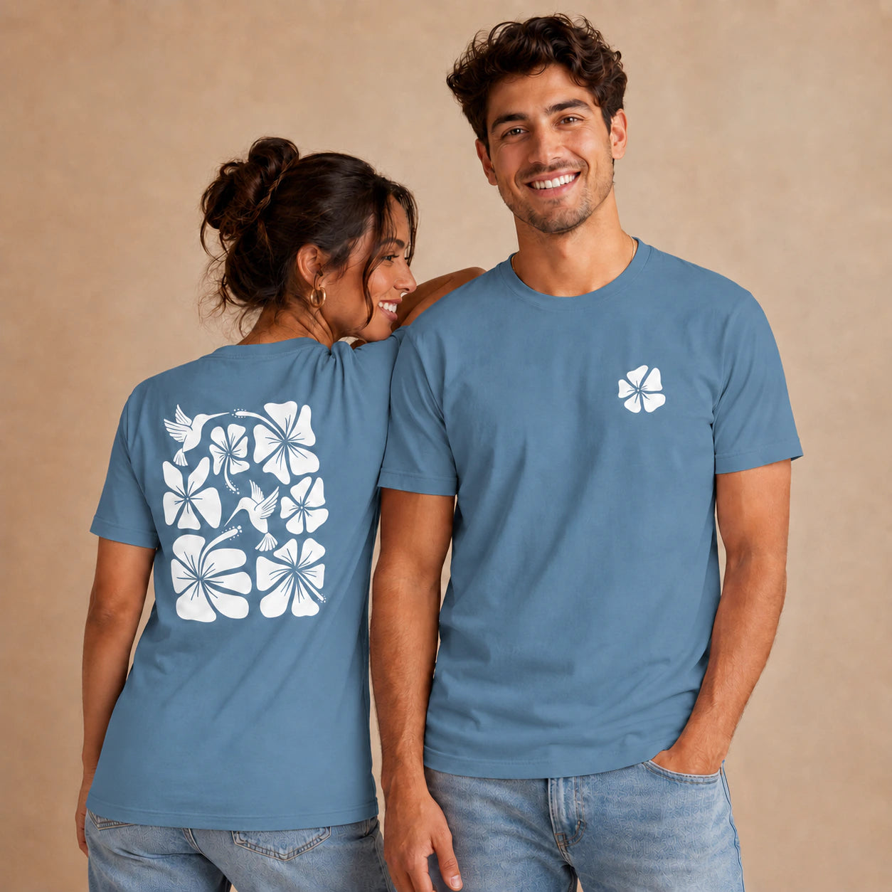 Hibiscus Flight Unisex Crew-Neck Tee in Steel Blue - unisex front and back lifestyle