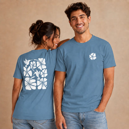 Hibiscus Flight Unisex Crew-Neck Tee in Steel Blue - unisex front and back lifestyle