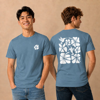 Hibiscus Flight Unisex Crew-Neck Tee in Steel Blue - mens front and back lifestyle