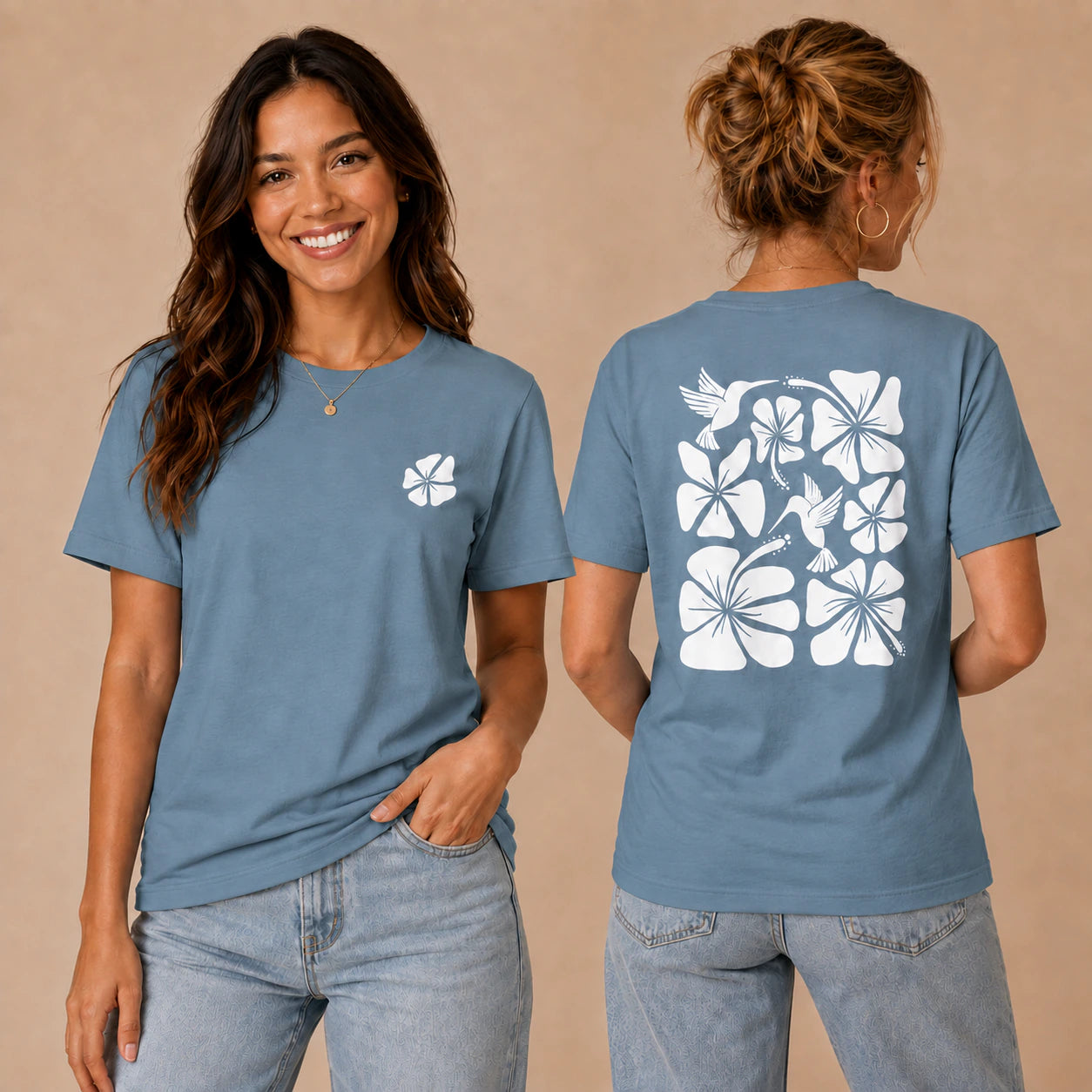 Hibiscus Flight Unisex Crew-Neck Tee in Steel Blue - womens front and back lifestyle