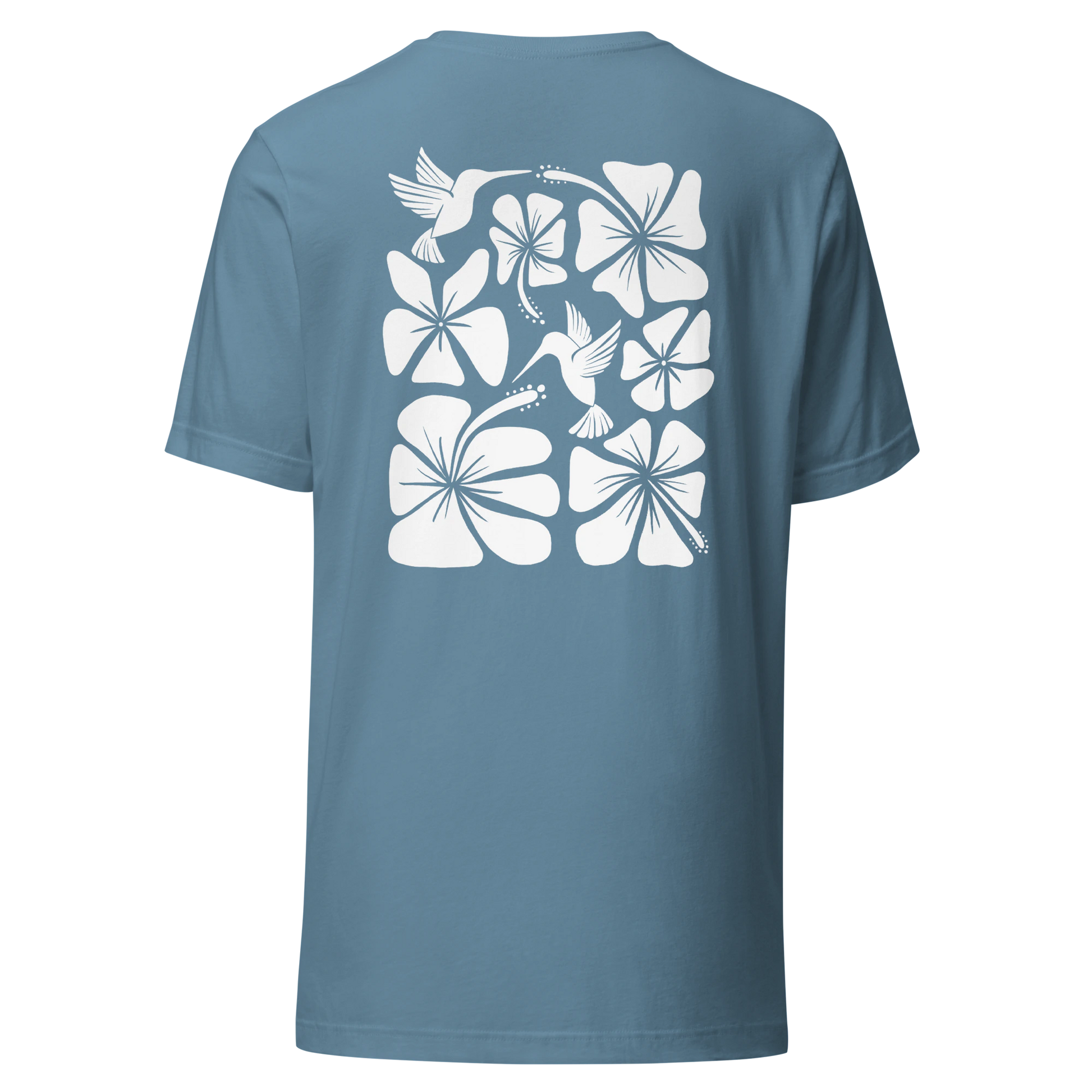 Hibiscus Flight Unisex Crew-Neck Tee in Steel Blue - back product view