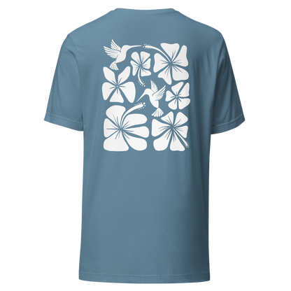 Hibiscus Flight Unisex Crew-Neck Tee in Steel Blue - back product view