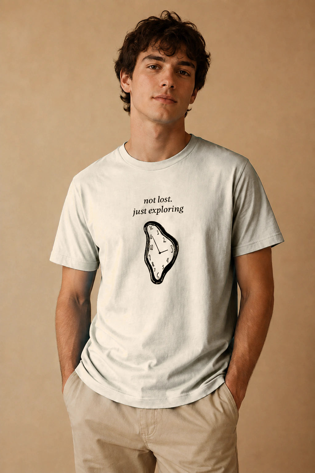 Not Lost, Just Exploring Unisex Crew-Neck Tee in Vintage White - editorial model view