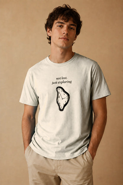 Not Lost, Just Exploring Unisex Crew-Neck Tee in Vintage White - editorial model view