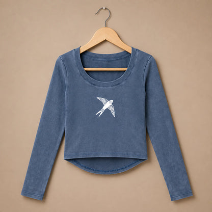 Swallow Flight Vintage-Wash Crop Top in Washed Blue - flat lay front view