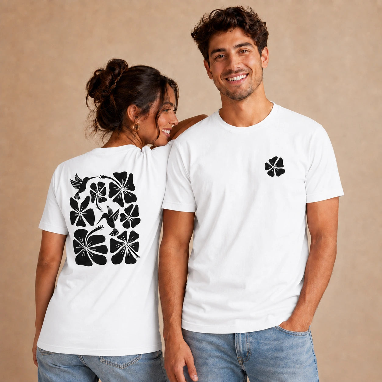 Hibiscus Flight Unisex Crew-Neck Tee in White - unisex front and back lifestyle