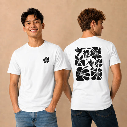 Hibiscus Flight Unisex Crew-Neck Tee in White - mens front and back lifestyle