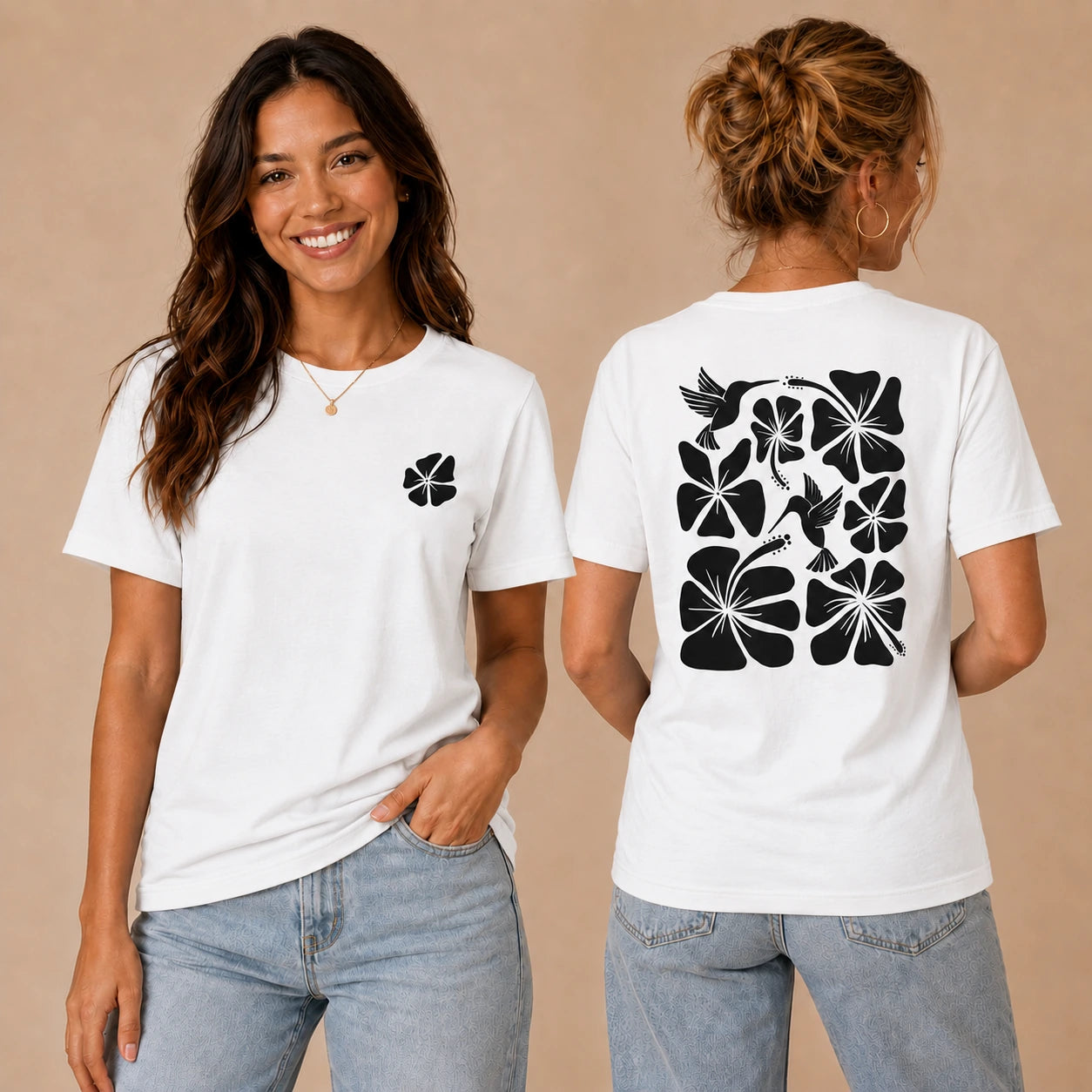 Hibiscus Flight Unisex Crew-Neck Tee in White - womens front and back lifestyle