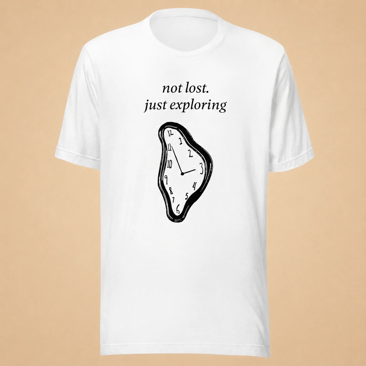 Not Lost, Just Exploring Unisex Crew-Neck Tee in White - flat front product view
