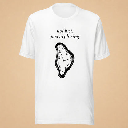Not Lost, Just Exploring Unisex Crew-Neck Tee in White - flat front product view