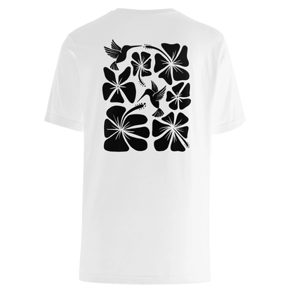 Hibiscus Flight Unisex Crew-Neck Tee in White - back product view