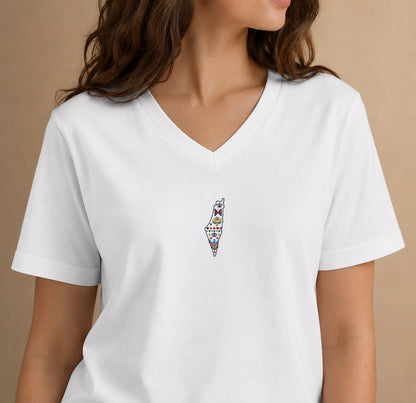 Palestine Heritage Women's Embroidered V-Neck Tee in White - embroidery detail