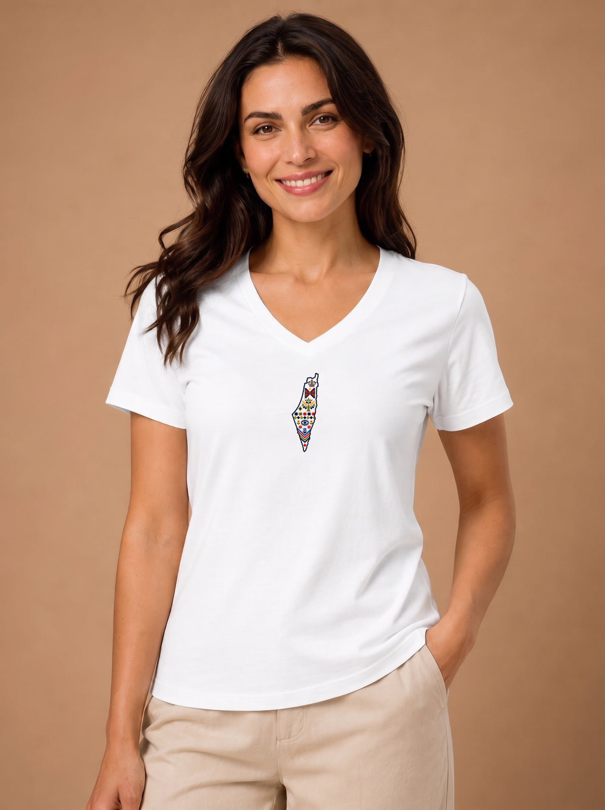 Palestine Heritage Women's Embroidered V-Neck Tee in White - embroidery detail