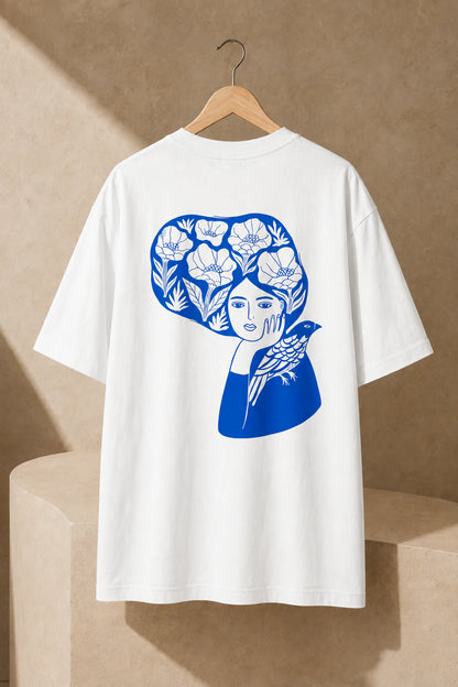 Blue Bird Reverie Oversized Unisex Tee in White - back artwork detail