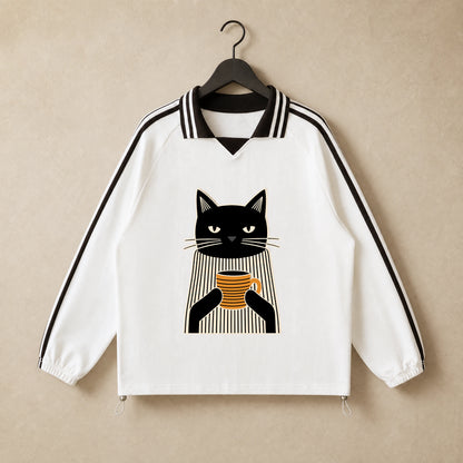 Unisex Coffee Break Cat Striped-Collar Sweatshirt in White - hanger front view