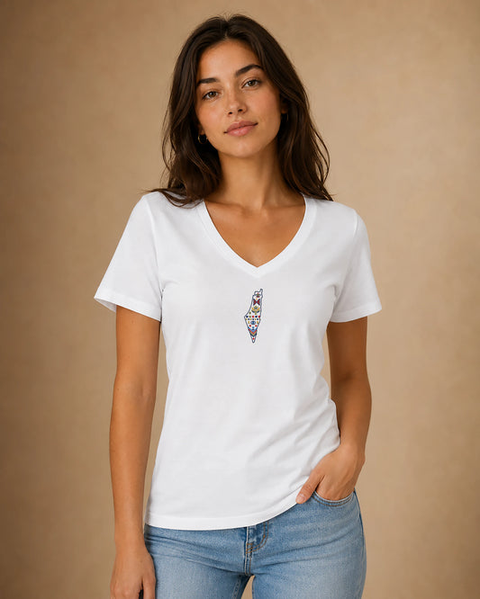 Palestine Heritage Women's Embroidered V-Neck Tee in White - front lifestyle