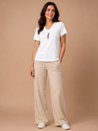 Palestine Heritage Women's Embroidered V-Neck Tee in White - front lifestyle