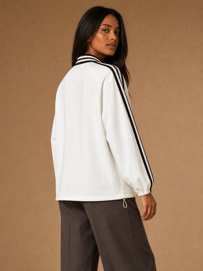 Unisex Coffee Break Cat Striped-Collar Sweatshirt in White - model back view