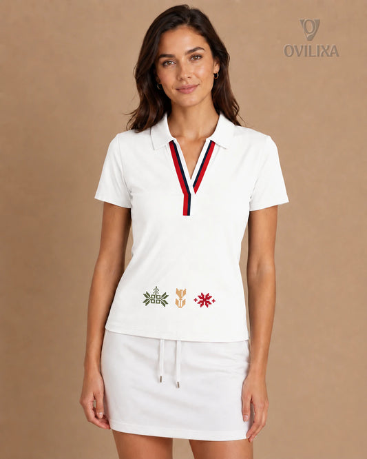 Heritage Pixel Women's Color-Block Polo in White - model front view