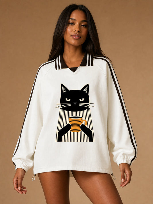 Unisex Coffee Break Cat Striped-Collar Sweatshirt in White - model front view