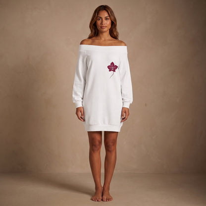Burgundy Orchid Off-Shoulder Dress in White - model front view